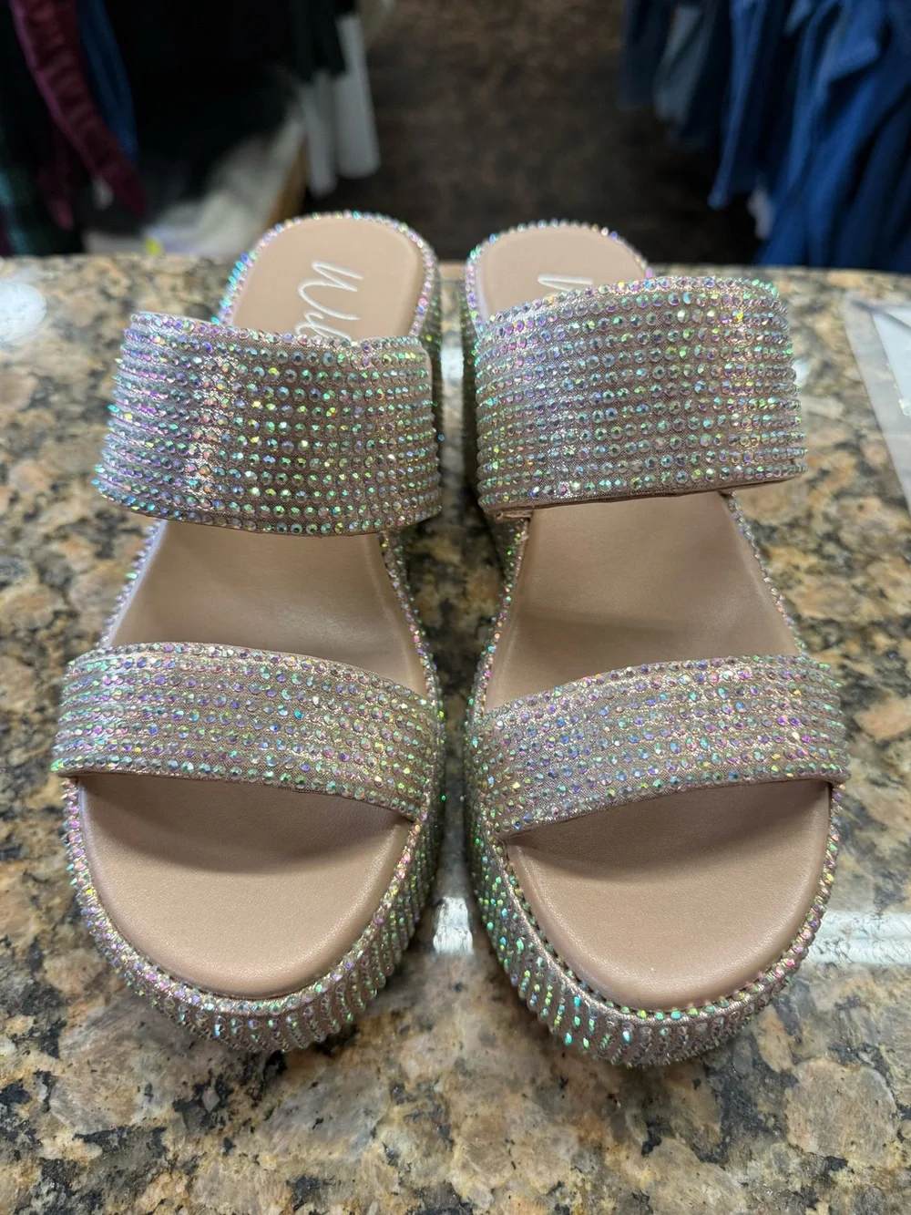 Wild Pair Rhinestone Platform Slide Sandals Iridescent Bling Size 8